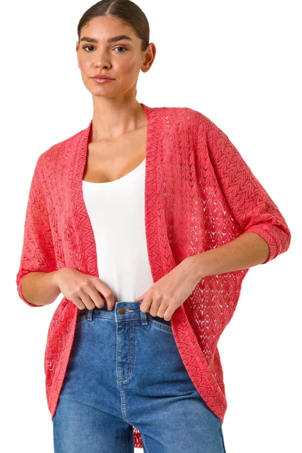 Tops>Roman Coral Cotton Crochet Tunic Cardigan