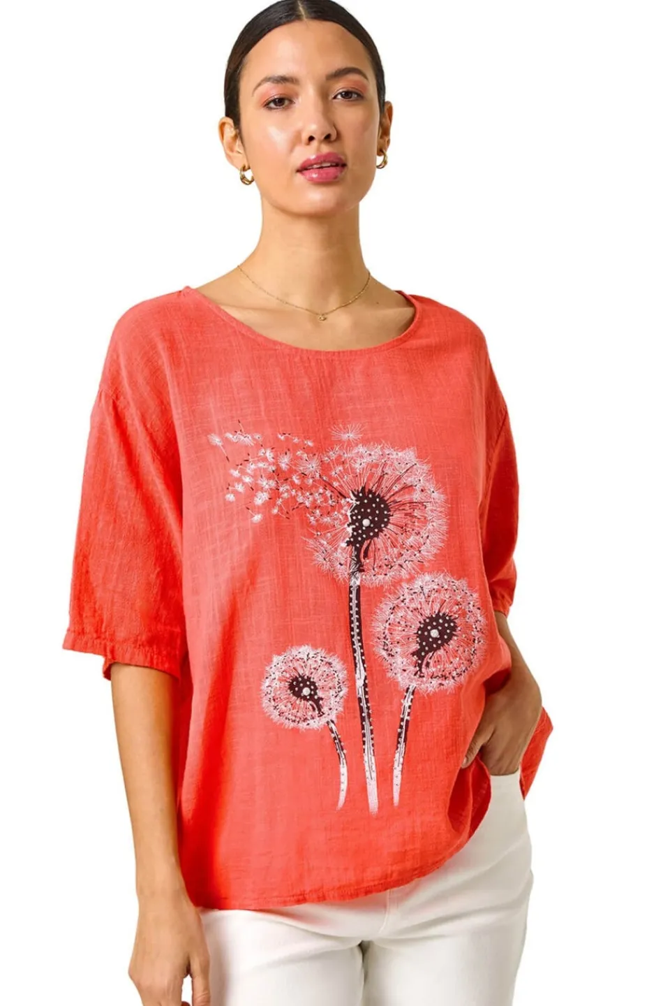 Tops>Roman Coral Dandelion Hotfix Tunic Top