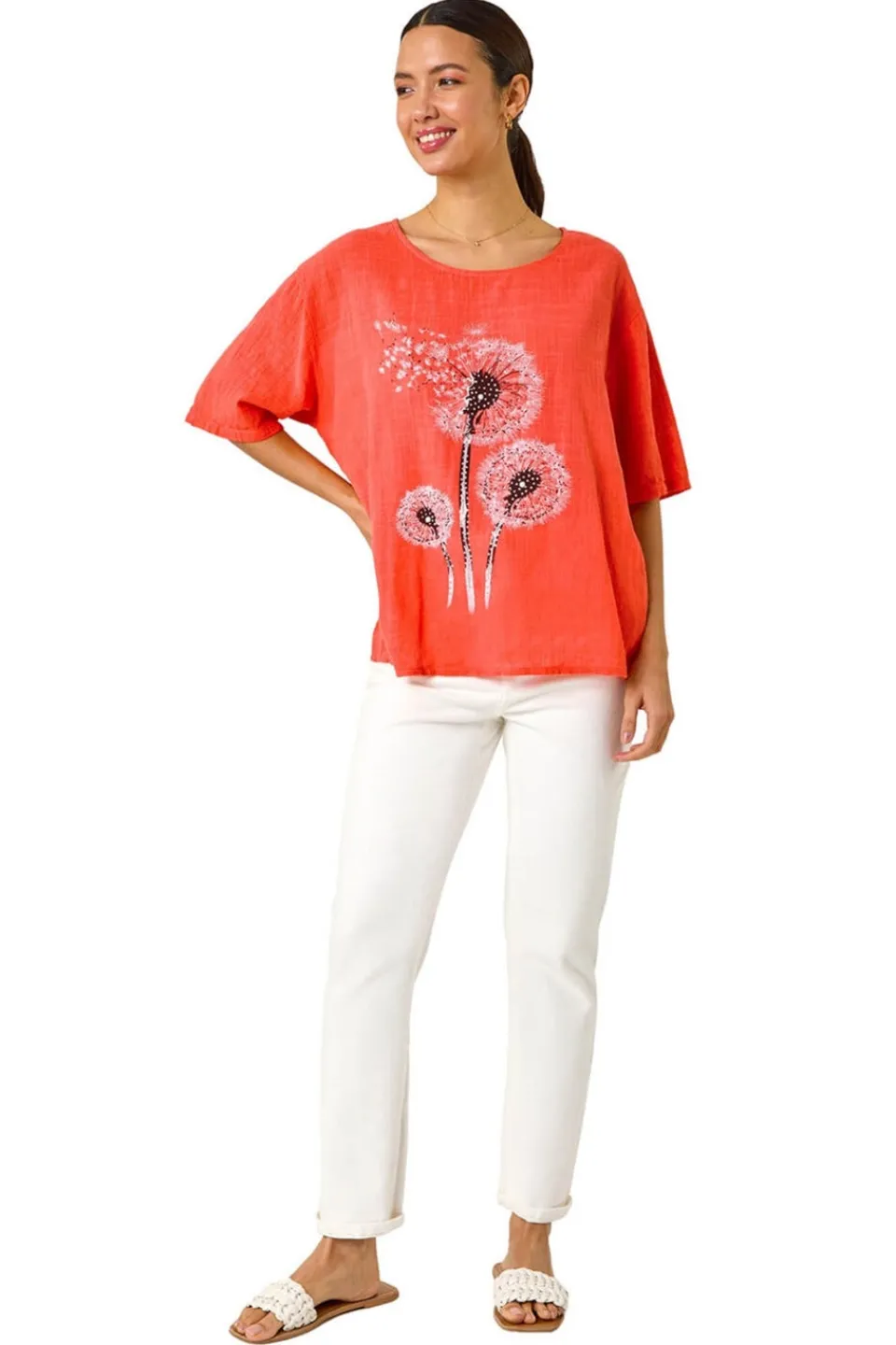 Tops>Roman Coral Dandelion Hotfix Tunic Top