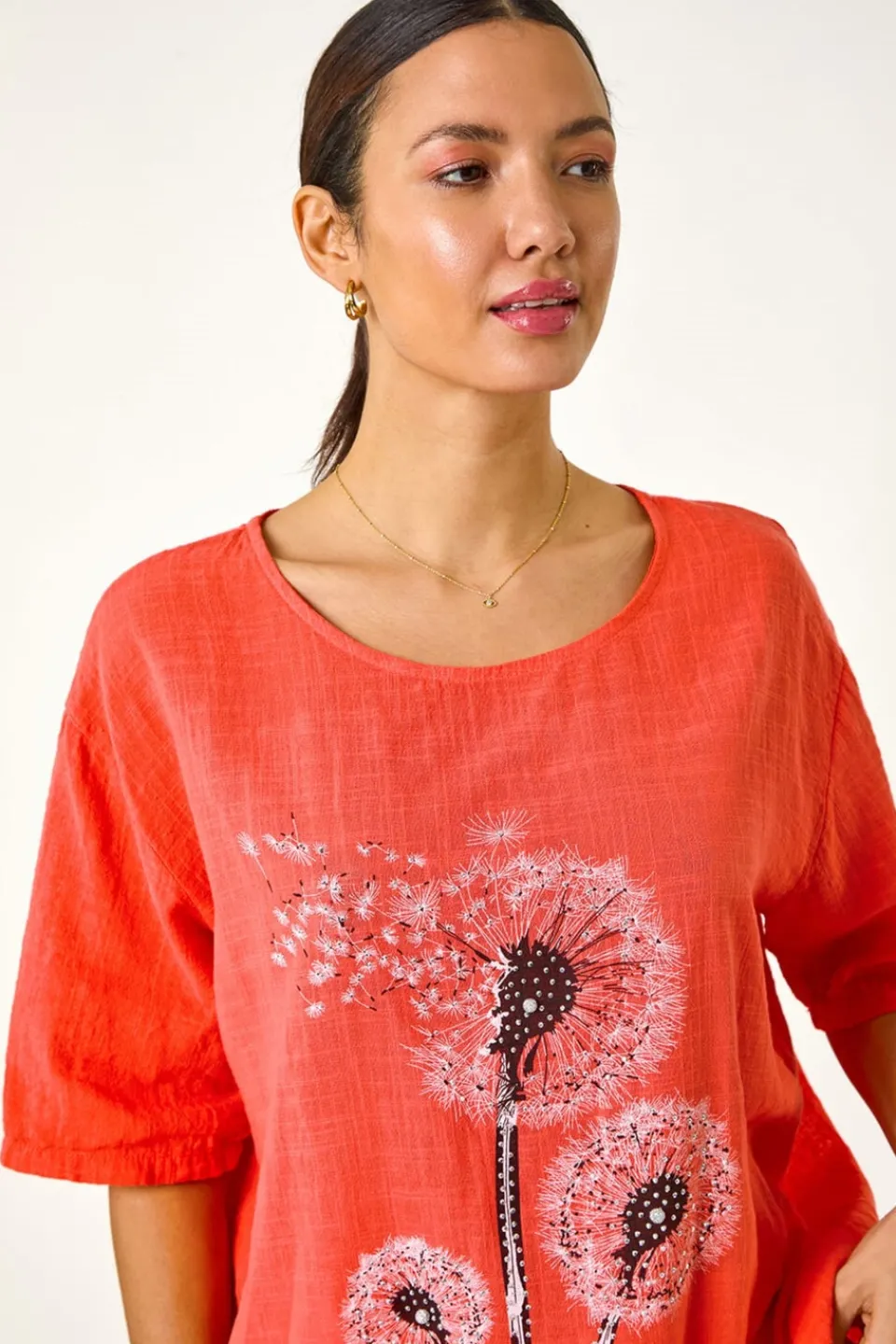 Tops>Roman Coral Dandelion Hotfix Tunic Top