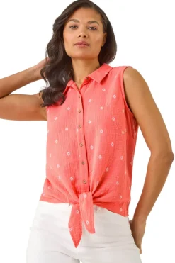 Tops>Roman Coral Embroidered Tie Front Blouse