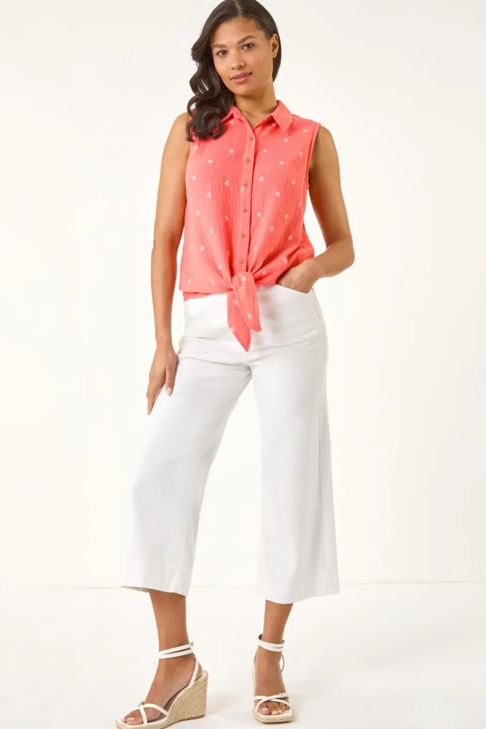 Tops>Roman Coral Embroidered Tie Front Blouse
