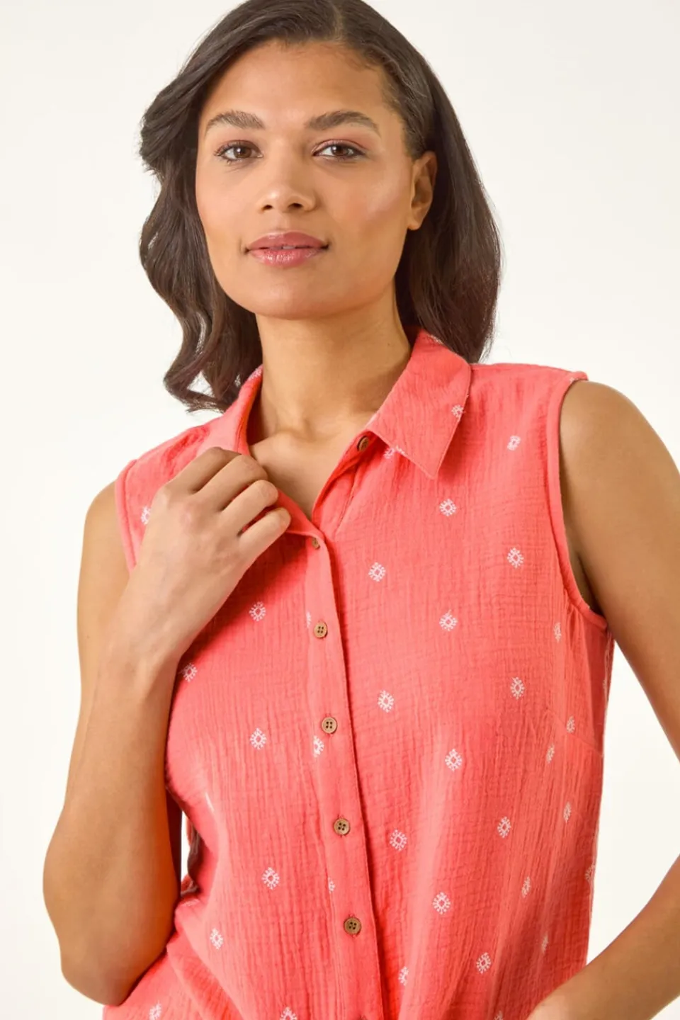 Tops>Roman Coral Embroidered Tie Front Blouse