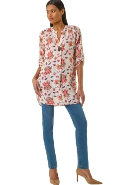Tops>Roman Coral Floral Print Button V-Neck Tunic Top