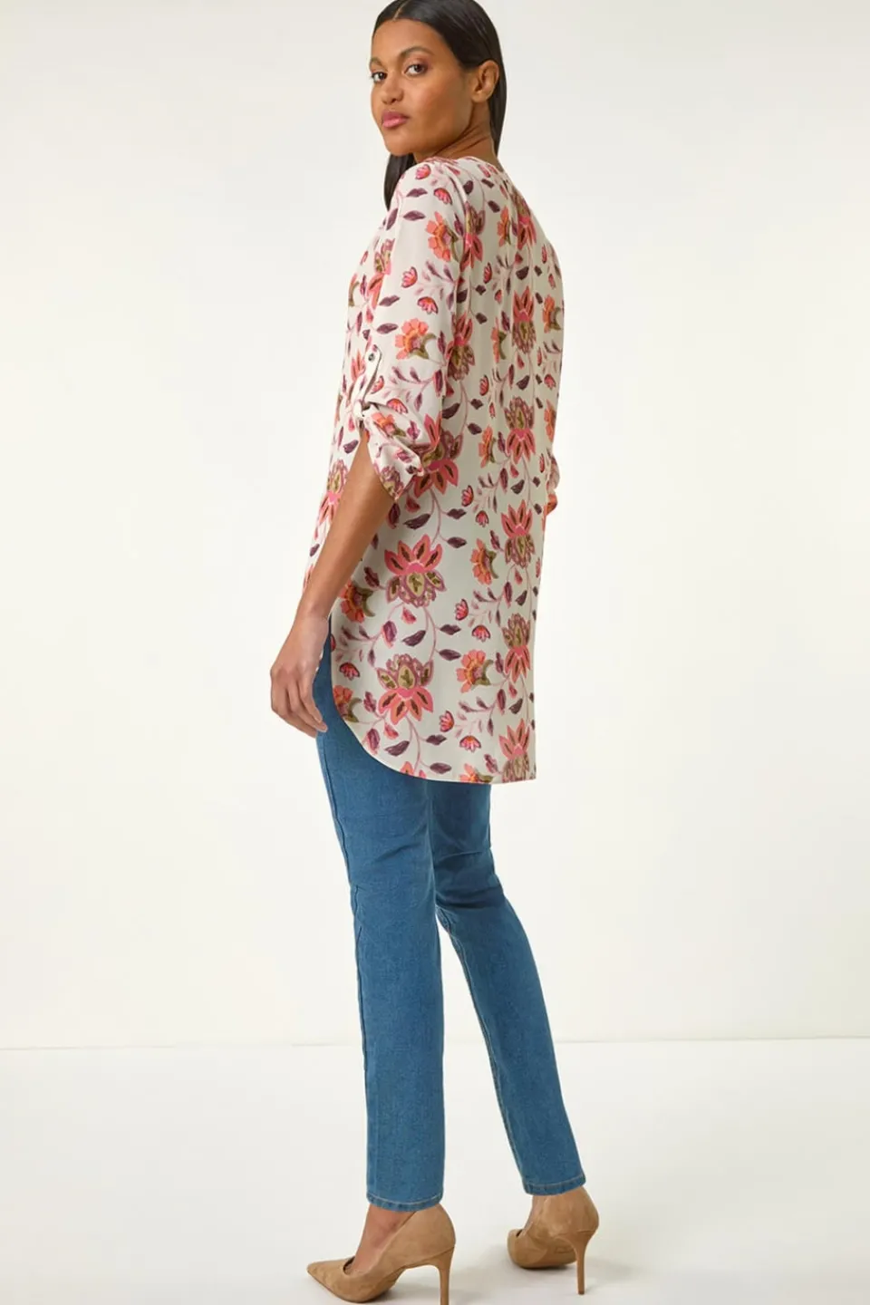 Tops>Roman Coral Floral Print Button V-Neck Tunic Top