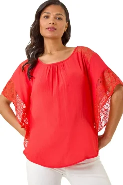 Tops>Roman Coral Gathered Lace Insert Sleeve Top