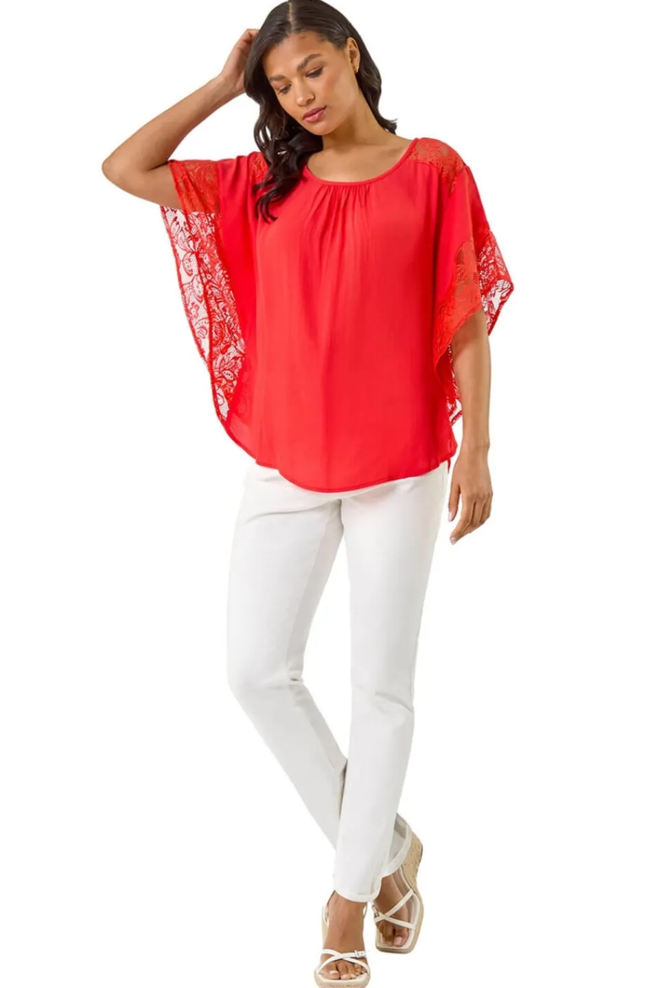 Tops>Roman Coral Gathered Lace Insert Sleeve Top
