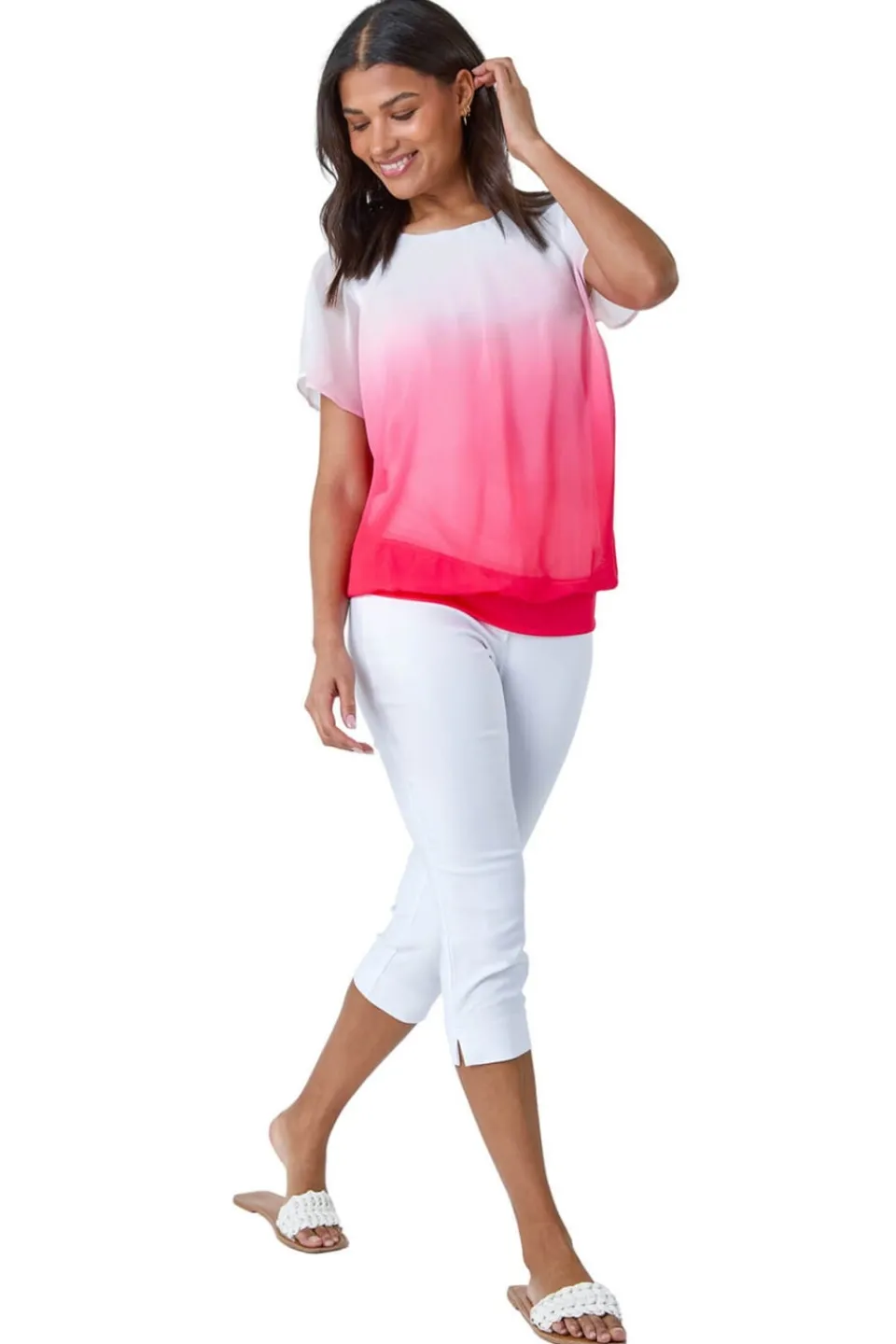 T-Shirts>Roman Coral Ombre Chiffon Overlay Blouson Top