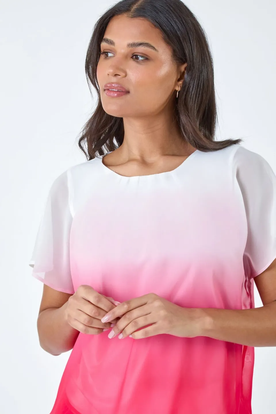 T-Shirts>Roman Coral Ombre Chiffon Overlay Blouson Top