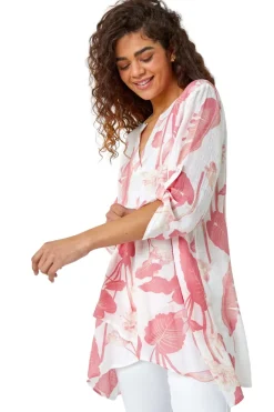 T-Shirts>Roman Palm Print V-Neck Wrap Hem Tunic Top Coral