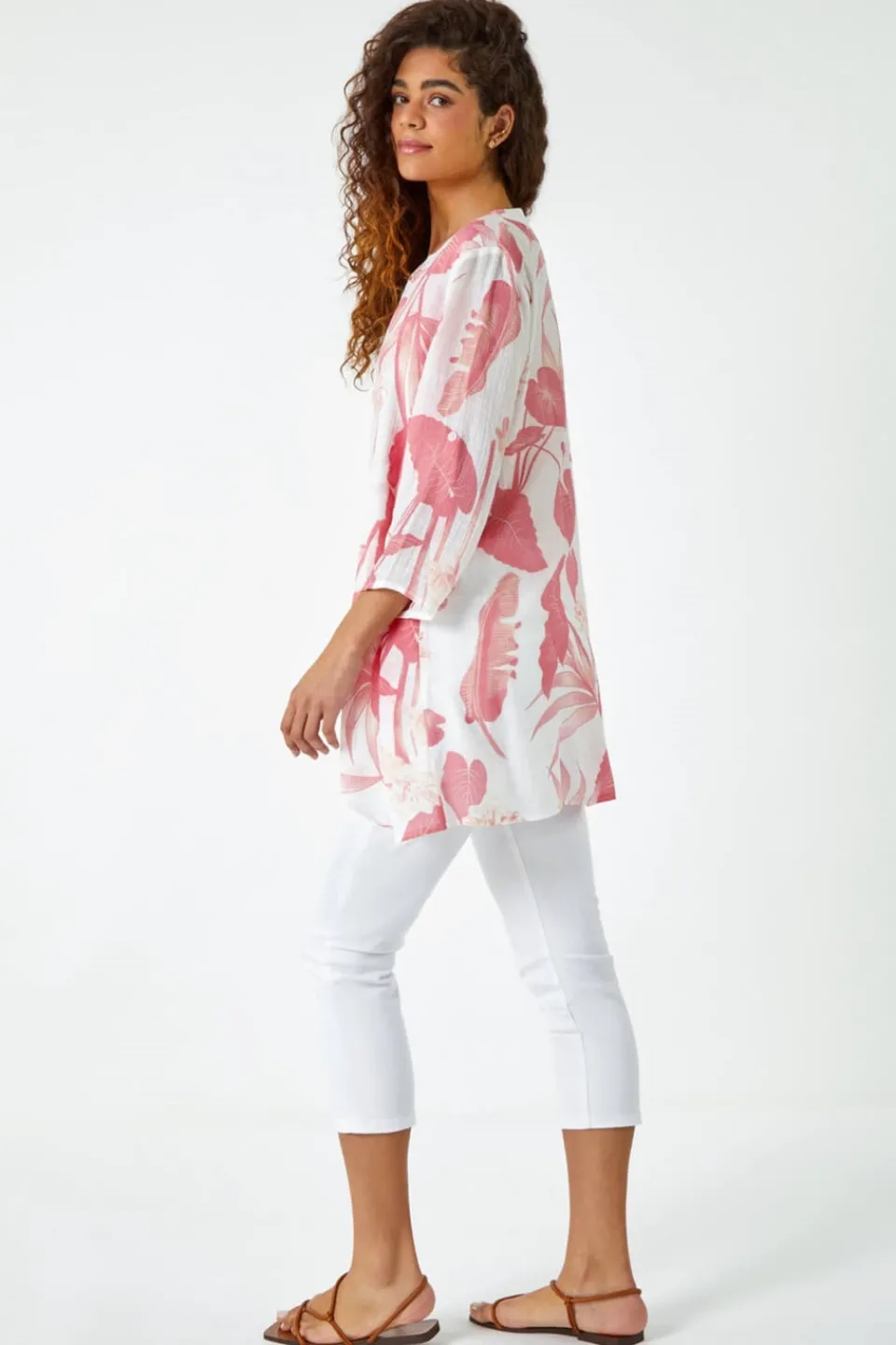 T-Shirts>Roman Palm Print V-Neck Wrap Hem Tunic Top Coral