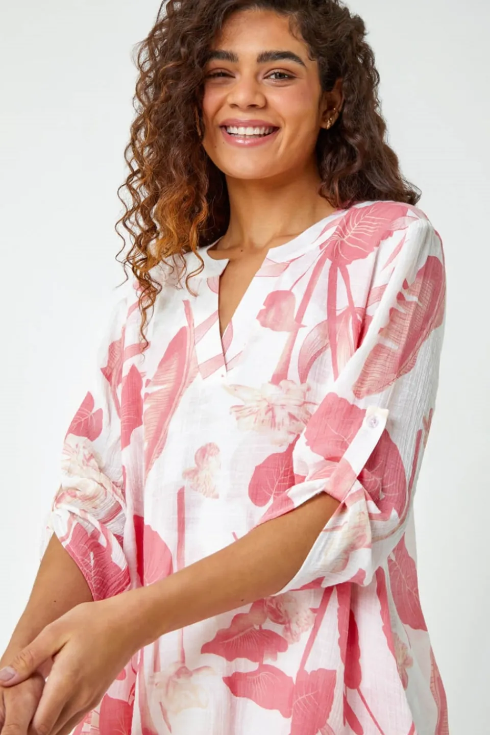 T-Shirts>Roman Palm Print V-Neck Wrap Hem Tunic Top Coral