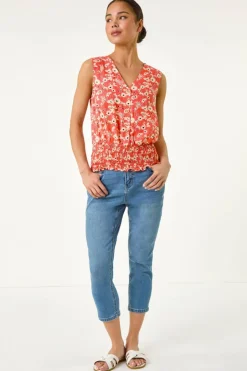 Tops>Roman Coral Petite Ditsy Shirred Blouson Top