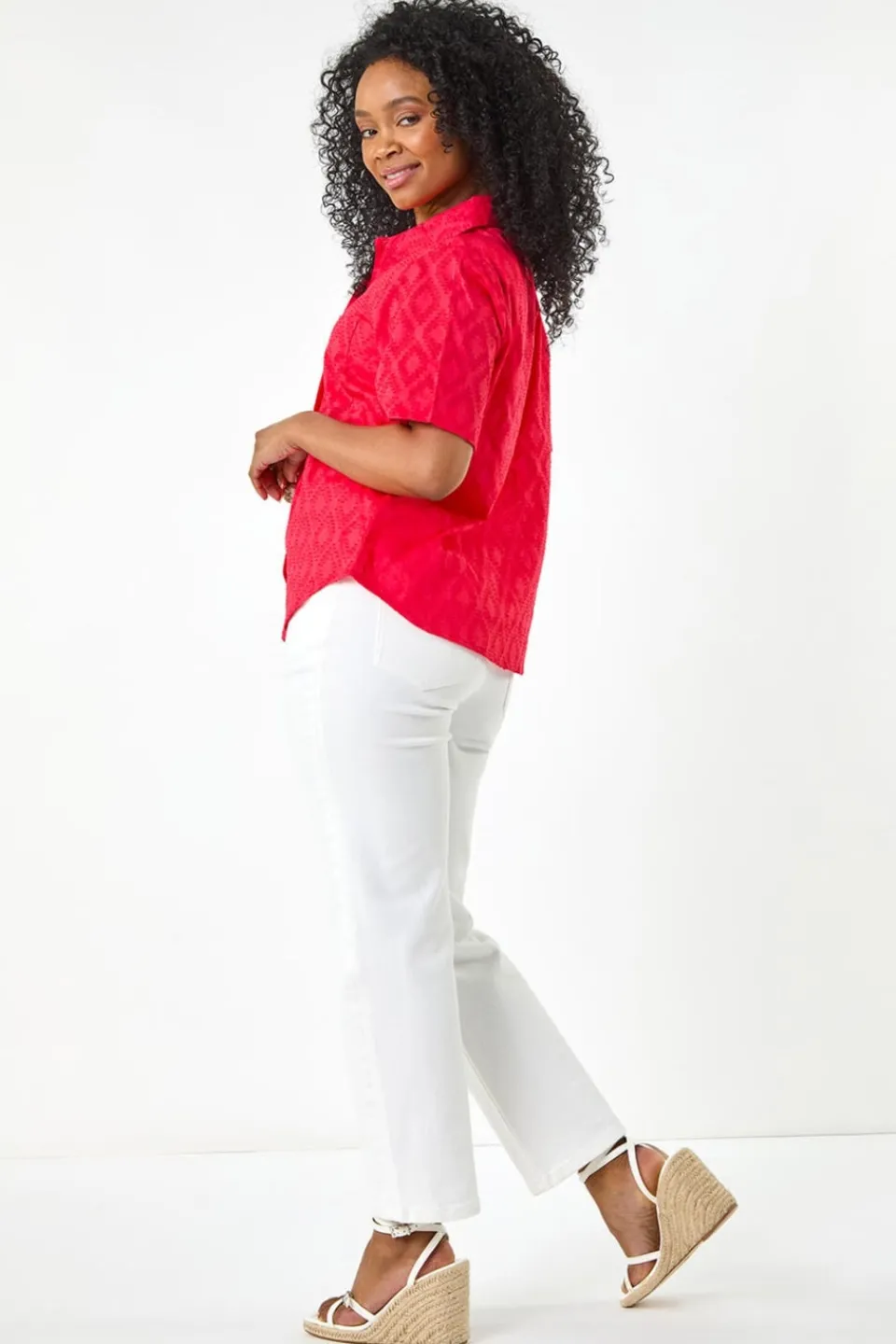 Blouses & Shirts>Roman Coral Petite Jacquard One Pocket Shirt