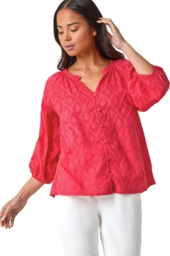 Tops>Roman Coral Petite Textured V-Neck Cotton Blouse