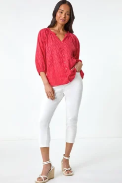 Tops>Roman Coral Petite Textured  V-Neck Cotton Blouse