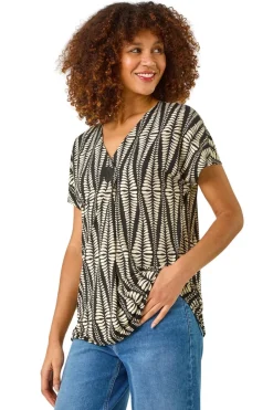Tops>Roman Cream Abstract Print Front Pleat Stretch Top