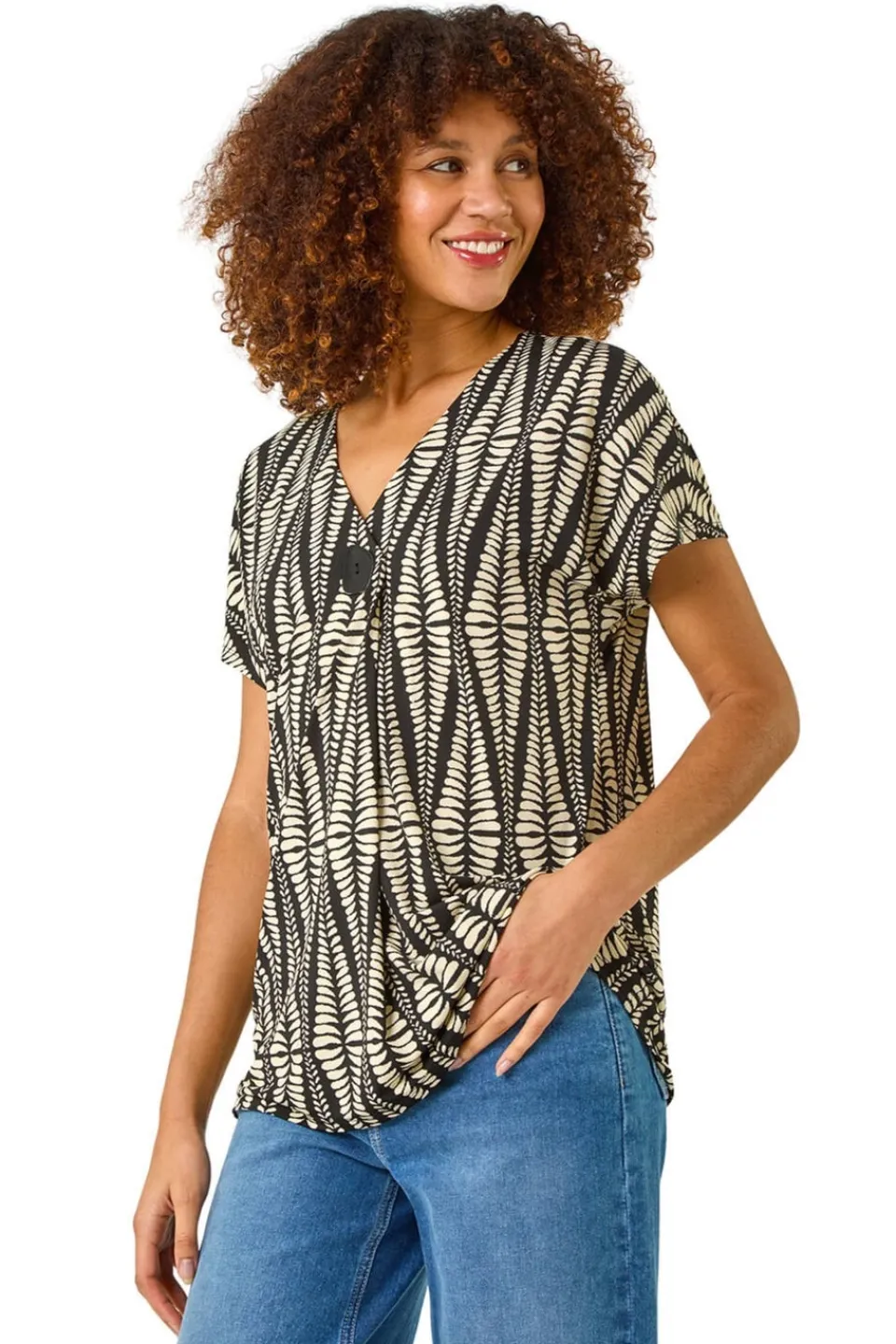 Tops>Roman Cream Abstract Print Front Pleat Stretch Top