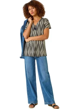 Tops>Roman Cream Abstract Print Front Pleat Stretch Top