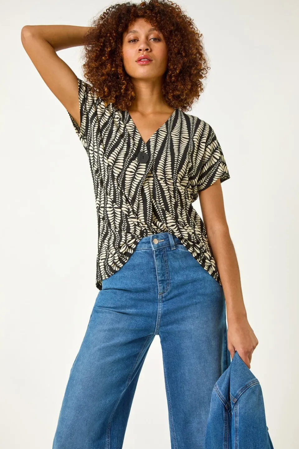 Tops>Roman Cream Abstract Print Front Pleat Stretch Top