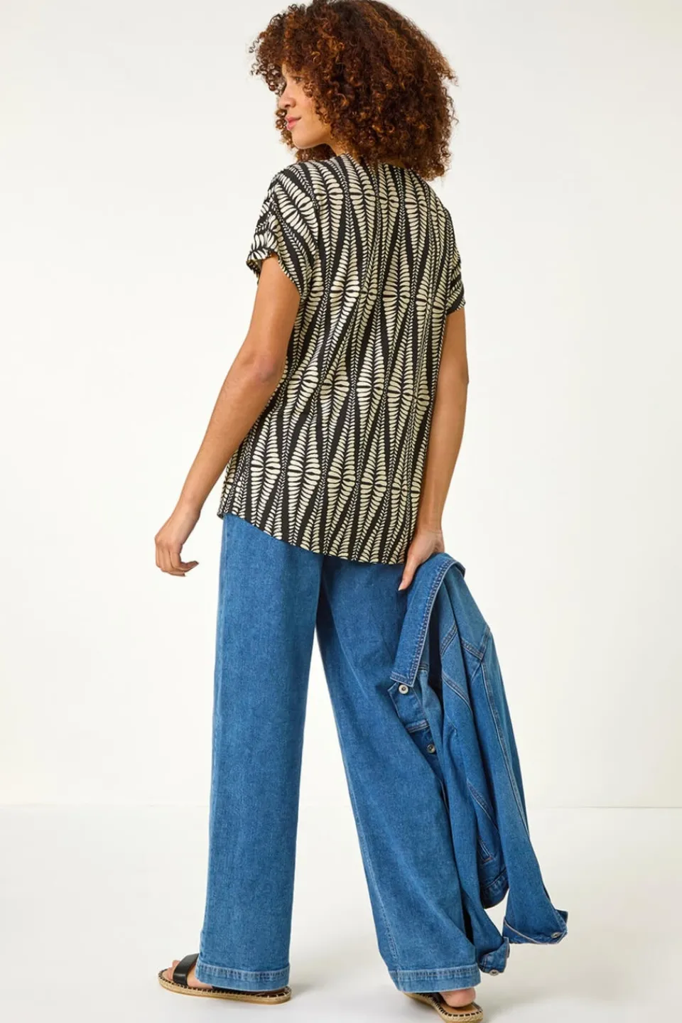 Tops>Roman Cream Abstract Print Front Pleat Stretch Top