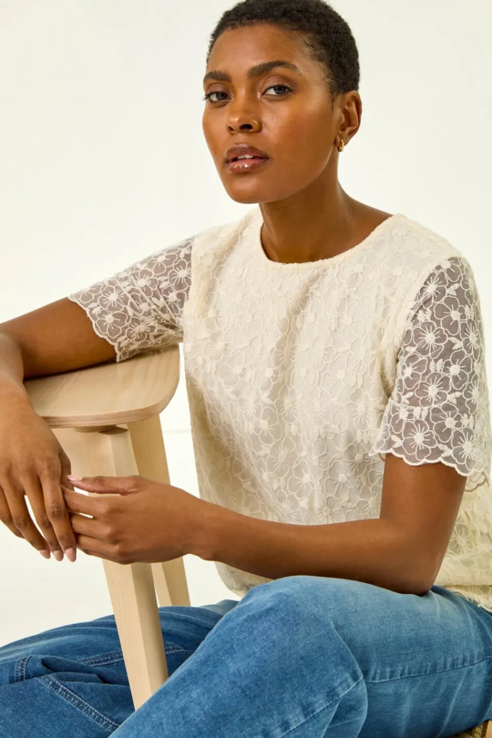 T-Shirts>Roman Cream Floral Lace Overlay T-Shirt