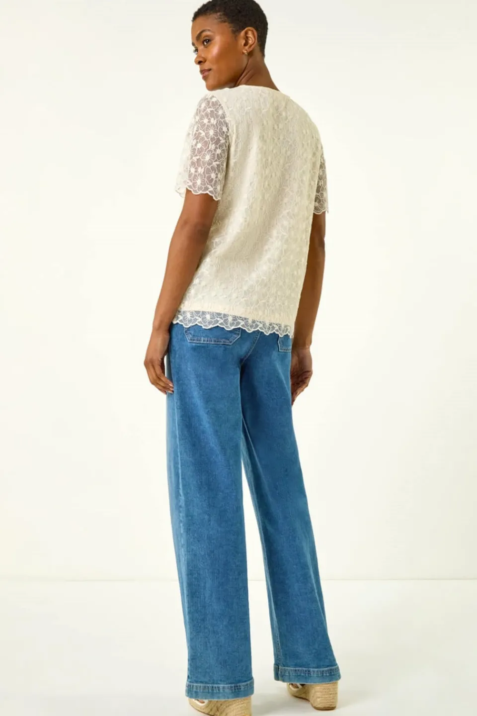 T-Shirts>Roman Cream Floral Lace Overlay T-Shirt