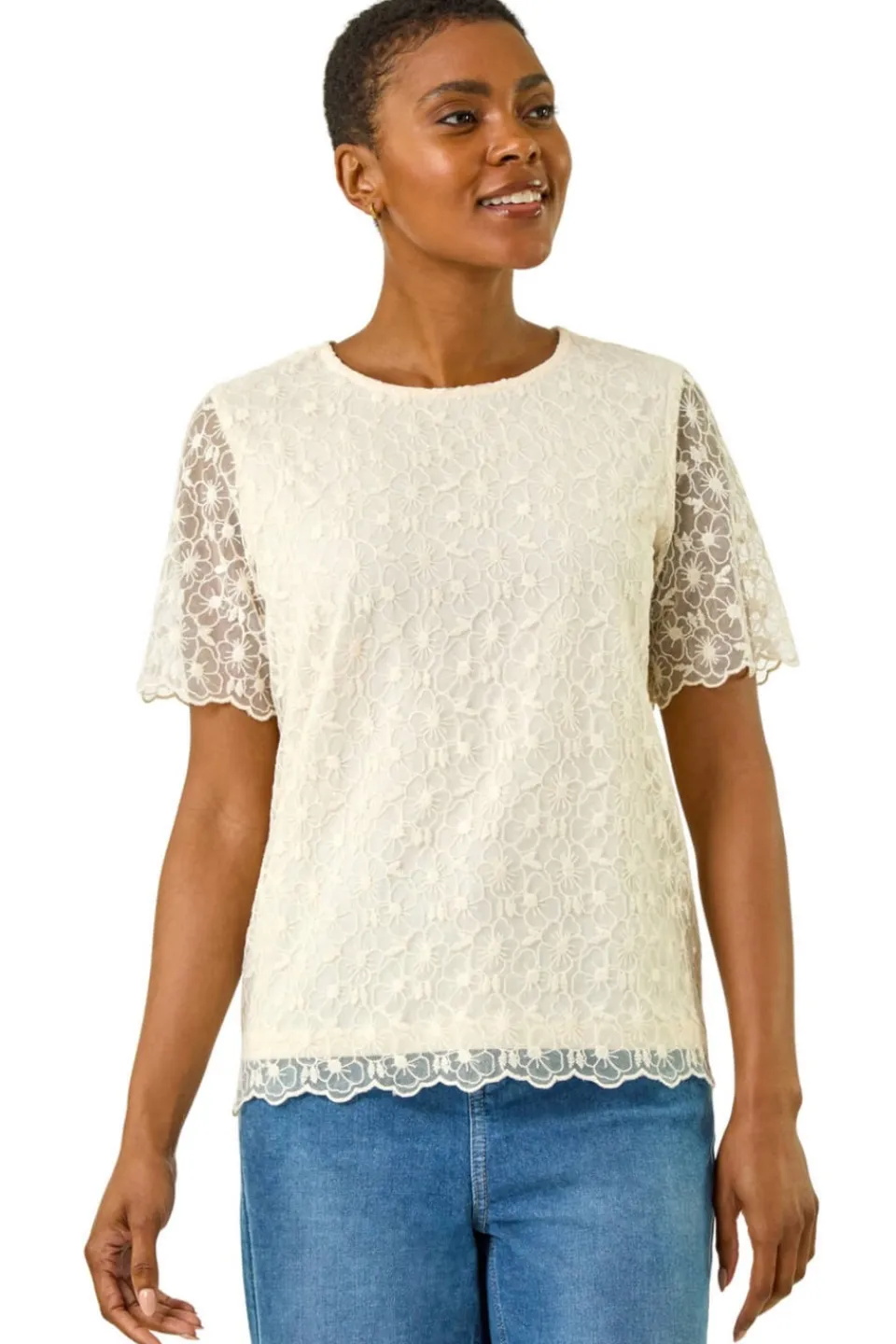 T-Shirts>Roman Cream Floral Lace Overlay T-Shirt