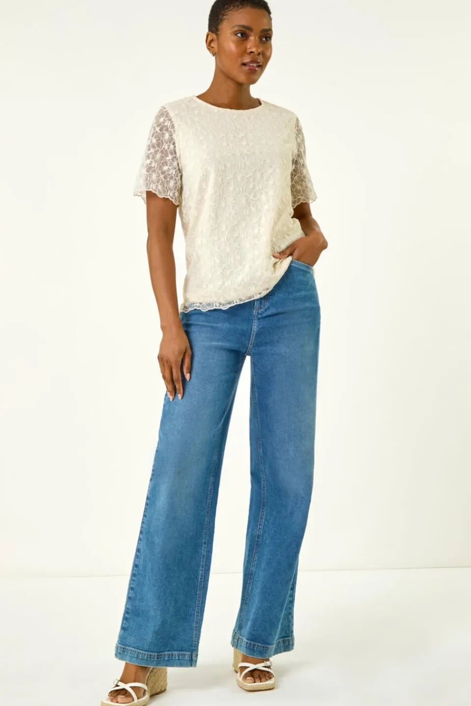 T-Shirts>Roman Cream Floral Lace Overlay T-Shirt