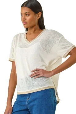 T-Shirts>Roman Cream Metallic Trim V-Neck T-Shirt