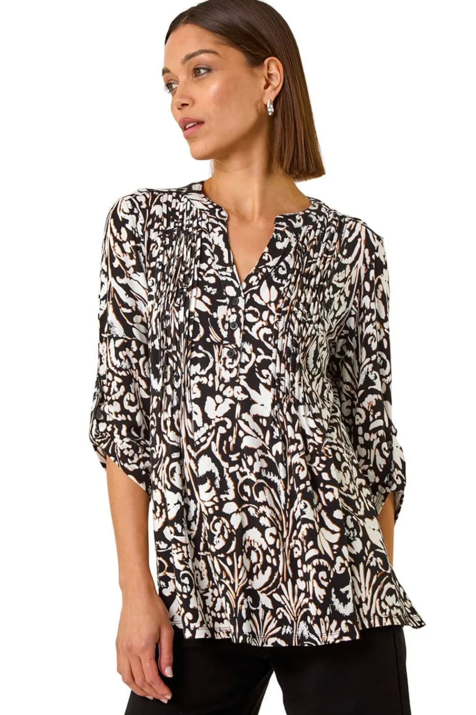 Tops>Roman Cream Print Pintuck Shirt