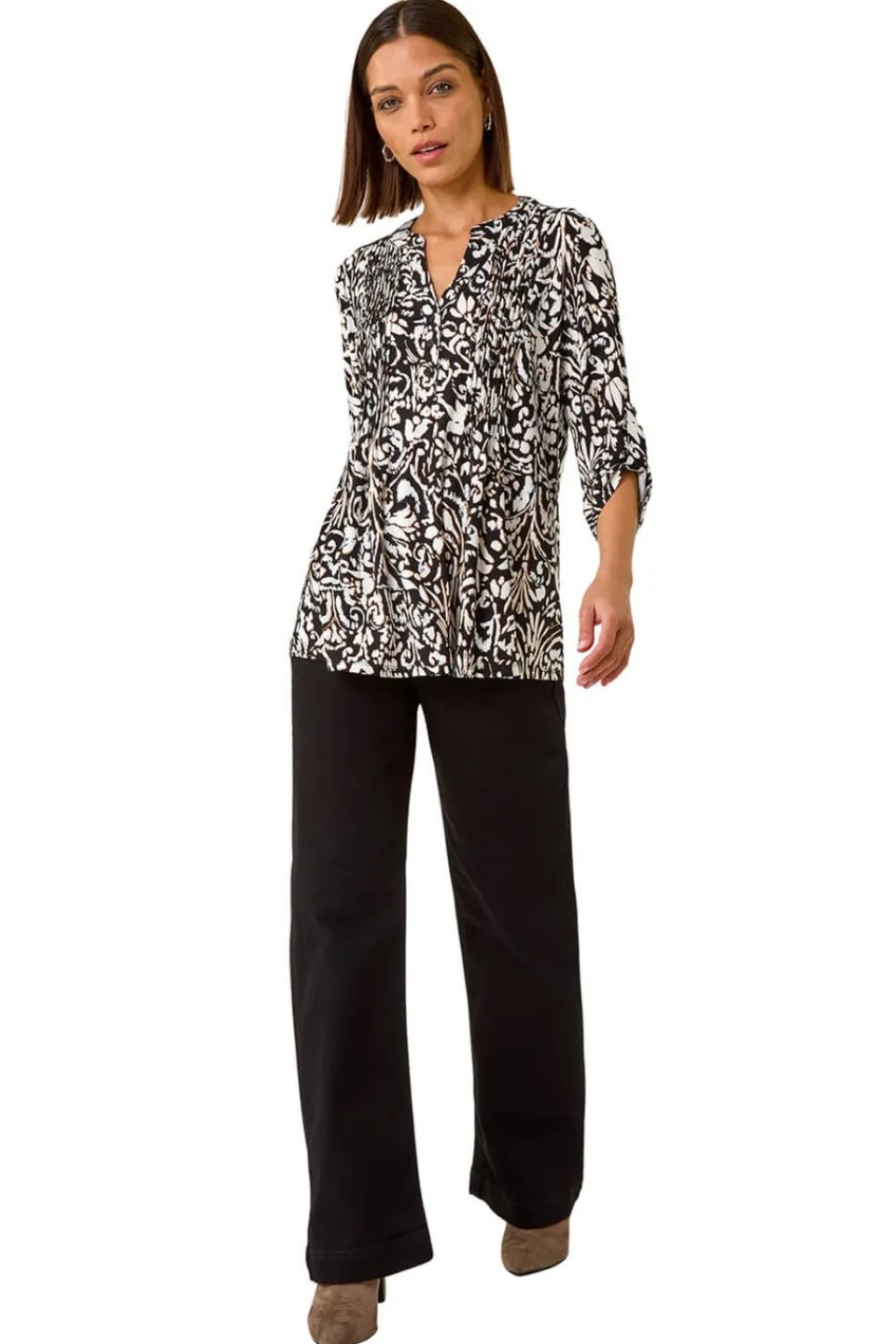 Tops>Roman Cream Print Pintuck Shirt