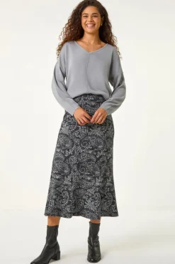 Skirts>Roman Dark Grey Leaf Print Paneled Tulip Skirt