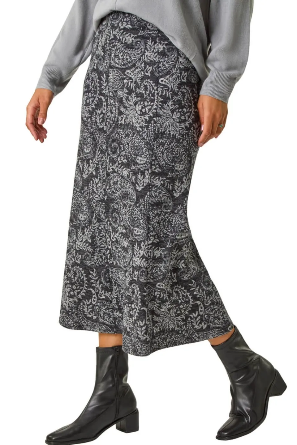 Skirts>Roman Dark Grey Leaf Print Paneled Tulip Skirt