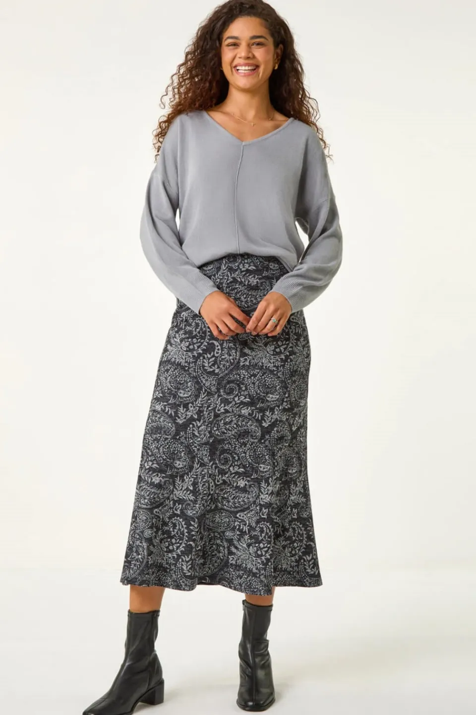 Skirts>Roman Dark Grey Leaf Print Paneled Tulip Skirt