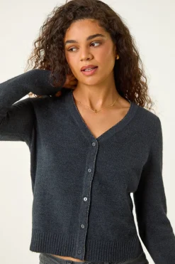 Tops>Roman Dark Shimmer V-Neck Ribbed Cardigan Grey