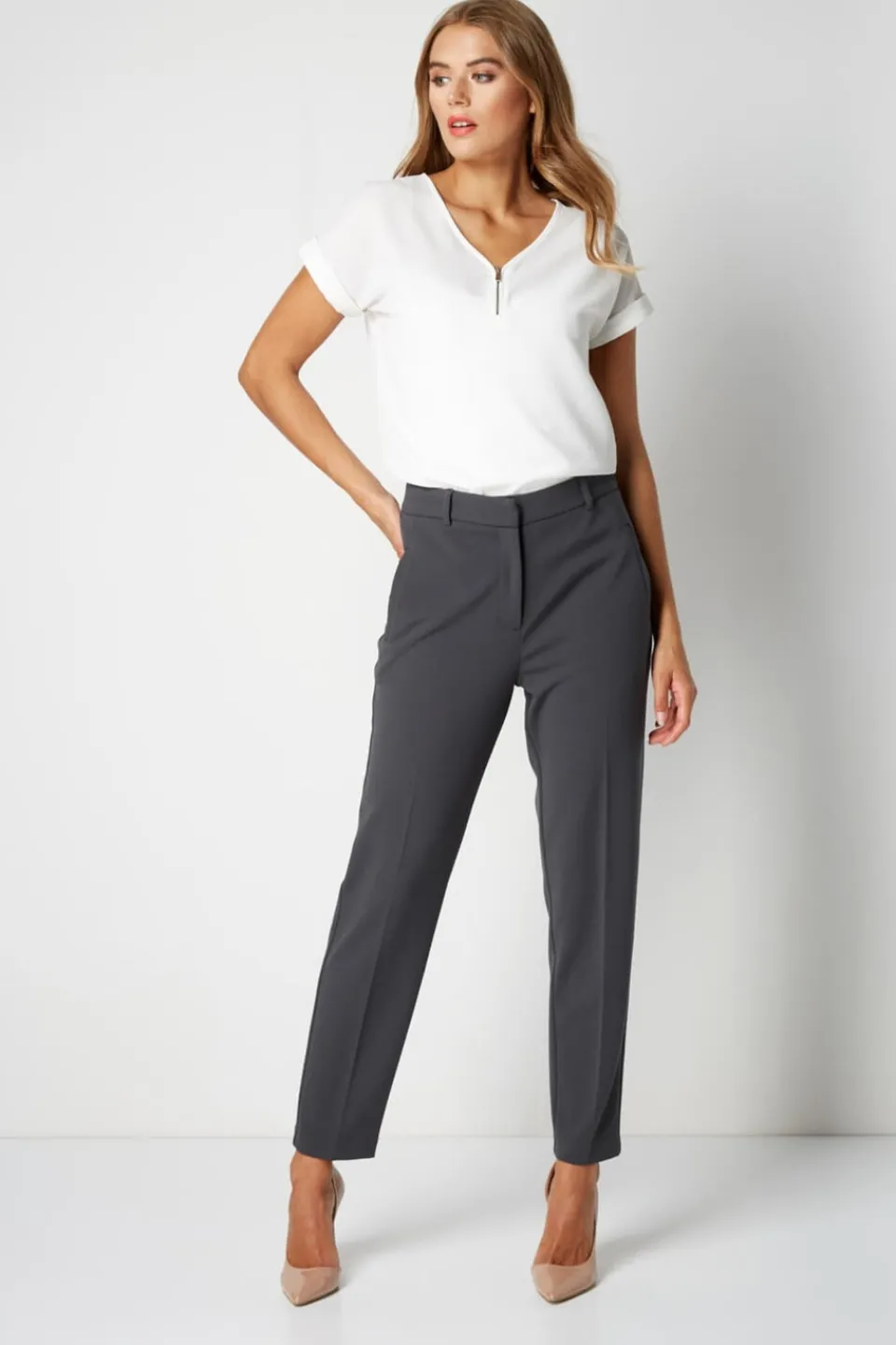 Trousers>Roman Dark Grey Short Straight Leg Stretch Trouser DarkGrey