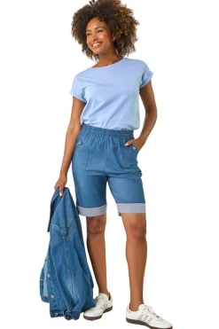 Shorts>Roman Denim Bengaline Turn Up Stripe Stretch Shorts