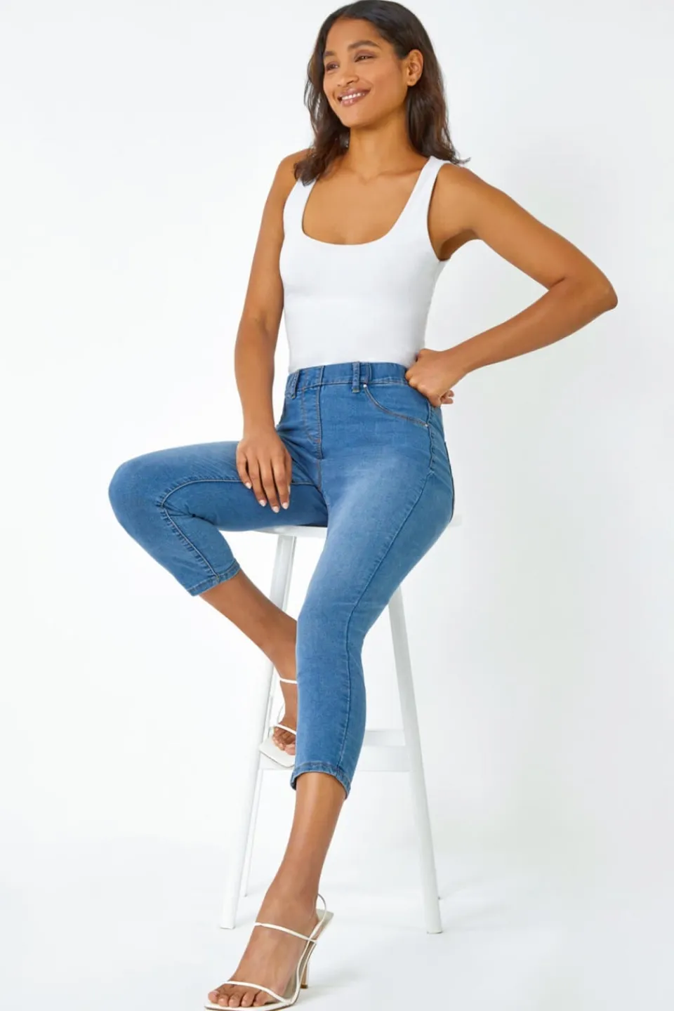 Jeans & Jeggings>Roman Denim Blue Cropped Stretch Denim Jegging DenimBlue
