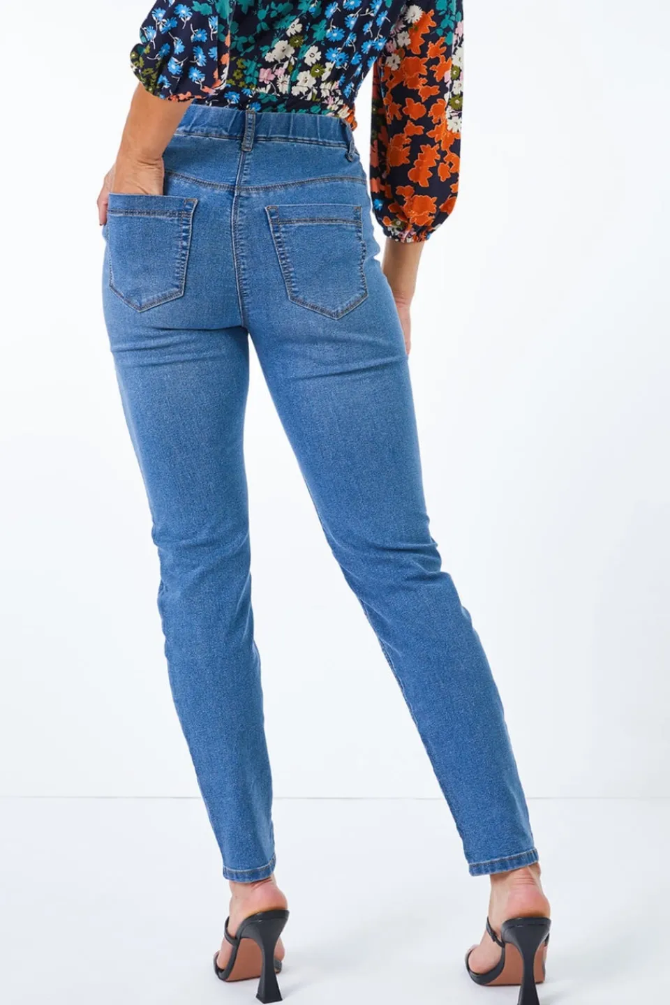 Jeans & Jeggings>Roman Denim Blue Petite Stretch Denim Elastic Waist Jegging BlueDenim