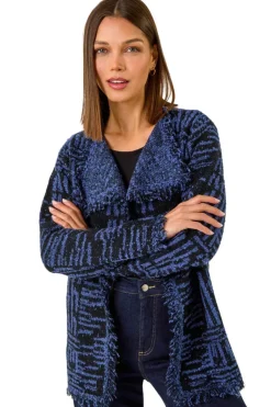 Tops>Roman Denim Blue Textured Fringe Collar Detail Cardigan DenimBlue