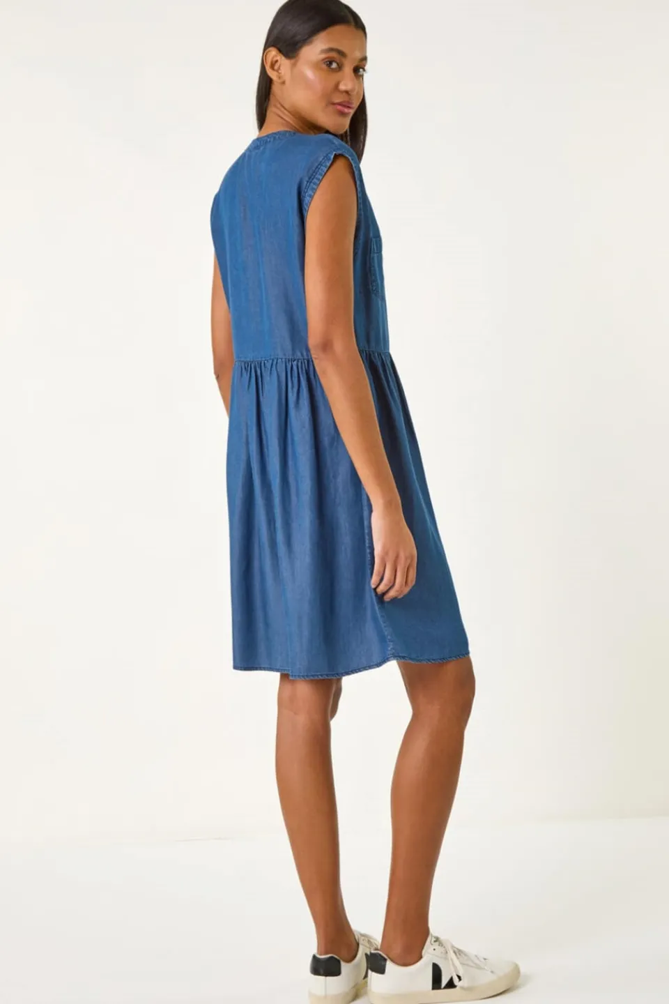 Dresses>Roman Denim Button Detail Gathered Dress
