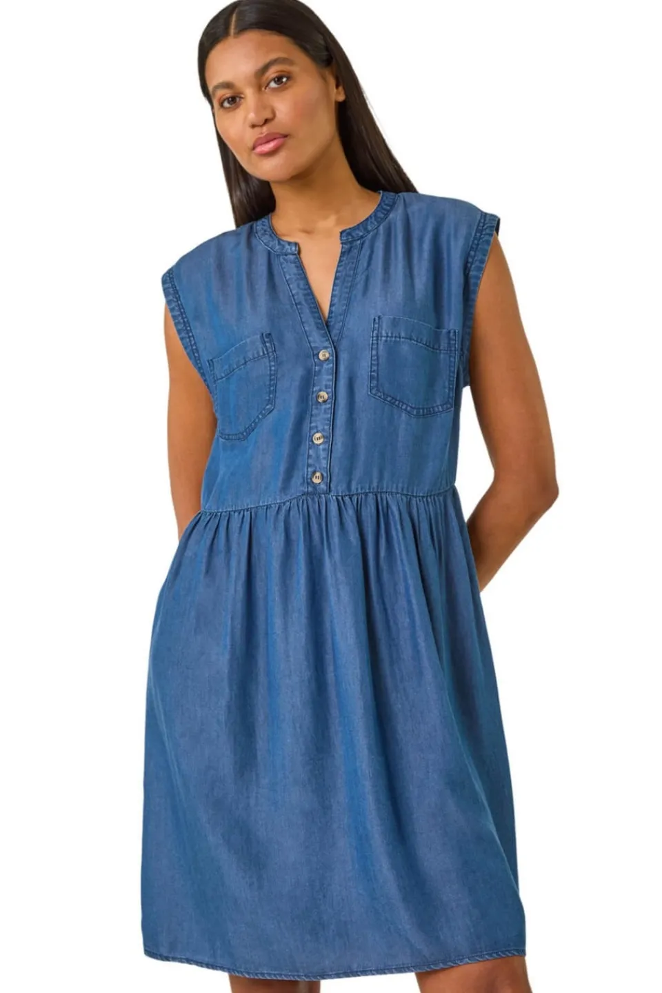 Dresses>Roman Denim Button Detail Gathered Dress