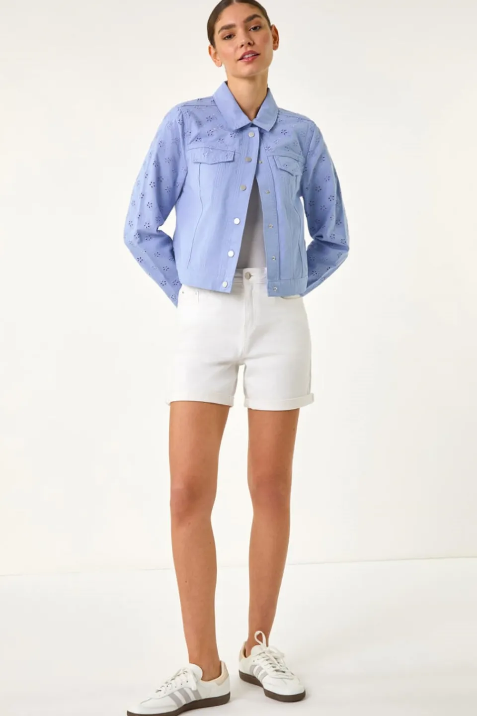 Coats & Jackets>Roman Denim Cotton Blend Broderie Sleeve Jacket