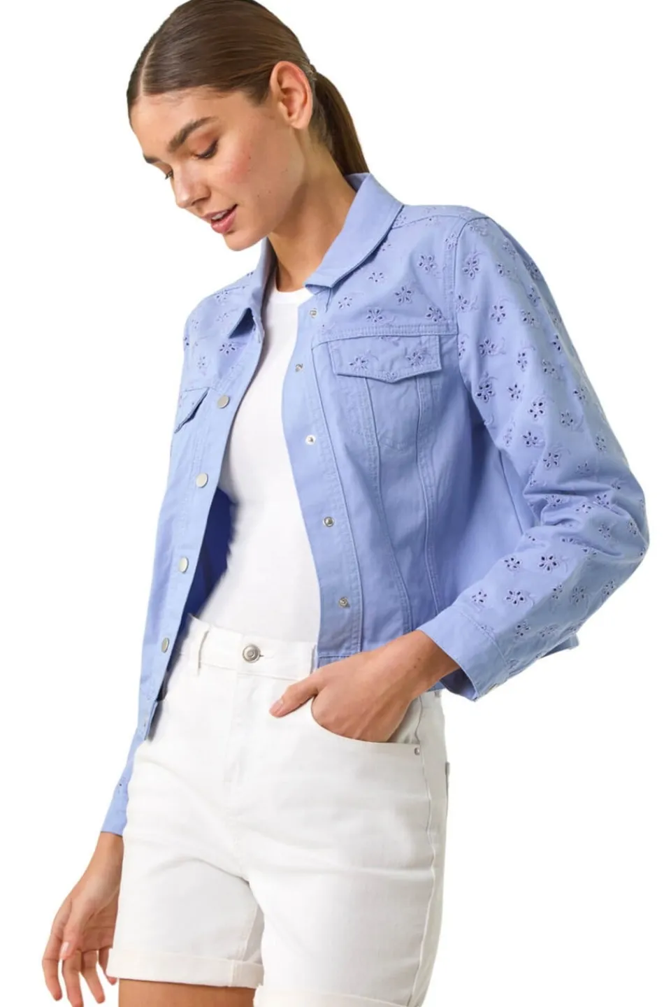 Coats & Jackets>Roman Denim Cotton Blend Broderie Sleeve Jacket