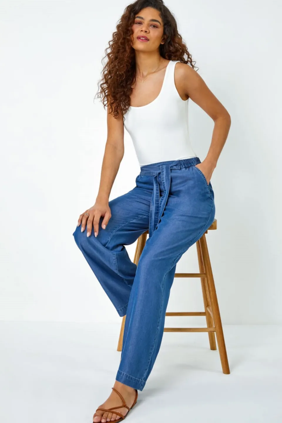 Trousers>Roman Denim Elastic Tie Waist Pocket Trousers