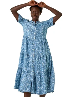 Dresses>Roman Denim Floral Print Denim Smock Dress