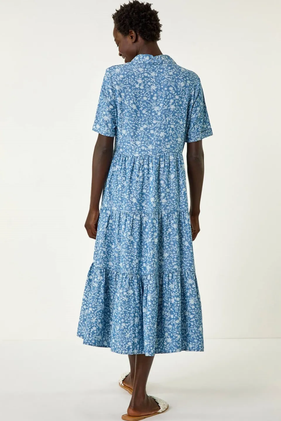 Dresses>Roman Denim Floral Print Denim Smock Dress