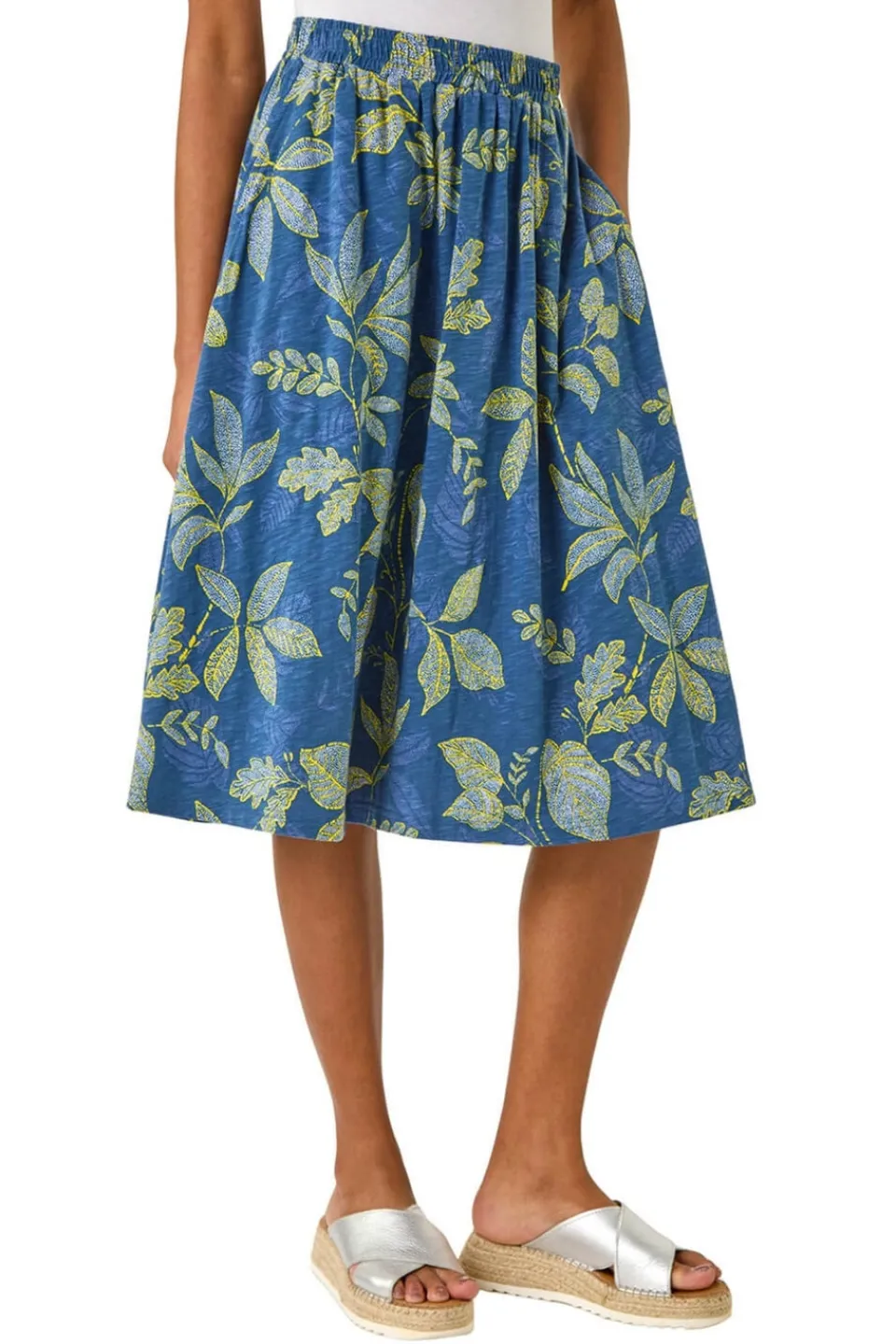 Skirts>Roman Denim Leaf Print A-Line Skirt