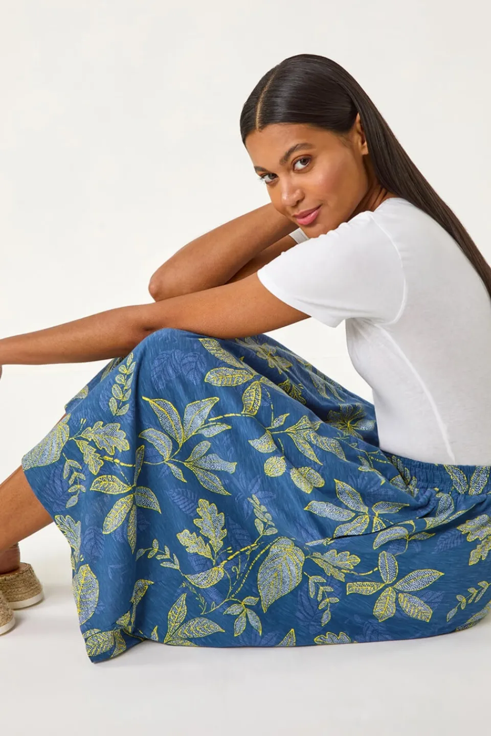 Skirts>Roman Denim Leaf Print A-Line Skirt